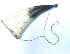Rare Vintage Powder Horn With Wooden Stopper And Thin Material Strap 3.5 x 7