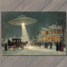 POSTCARD UFO Over Victorian Winter Village Christmas Night Lights Snowy Street S picture