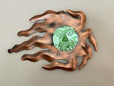 Vtg Copper Wind Swept Celestial Wall Art Hanging Decor Green Glass Face 17”x12 picture