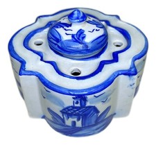 Delft Blue White Inkwell with Frog Brush Holder Ceramic 3 Piece 5”x 5”x 3” picture