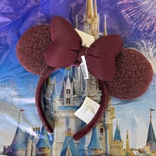 Disney Parks 2026 Burgundy Sparkly Mickey Minnie Bow Ear Headband New picture