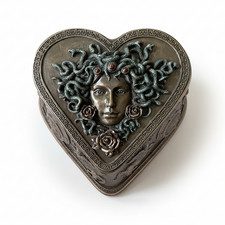 Medusa Heart Shaped Bronze Trinket Box - Greek Mythology Jewelry Holder picture