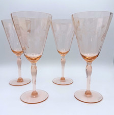 Set of 4 Lancaster Jubilee Pink Etched Floral Stemmed Wine Glasses picture