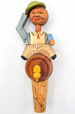 Vintage Aryiculated Wooden Figurine Bottle Stopper w/ Cork, Barrel Hat, Folk Art picture
