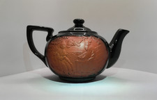 Vintage Japanese Black Teapot High Relief Terra Cotta Scene picture