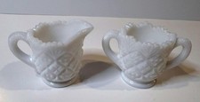 Vintage Mini Milk Glass Creamer Sugar Bowl Set Pedestal Diamond Pattern White picture