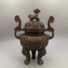 Fengshui old Elephant Leg Ruyi Ear Eight Treasure Lion Copper Incense Burner picture