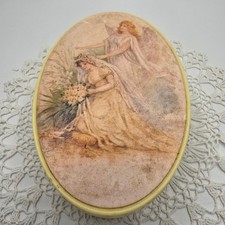 Vintage Celluloid Trinket Box Bride and Angel Lithograph Oval Vanity Jar Cream picture
