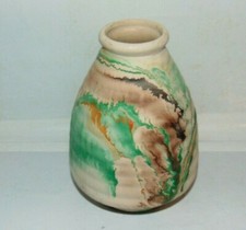 Nemadji Pottery Vase Green Brown Orange Swirls picture