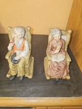 Porcelain Old Man & Lady Couple Sitting in Rocking Chairs Figurines picture