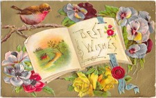 Best Wishes Embossed Postcard Bird Book Roses Gilt c1910 Divided Back picture