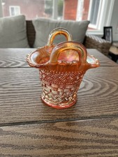 Dugan Marigold Carnival Glass Double-Handled Basket Vase Trinket Bowl Antique picture