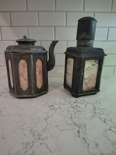 Vintage Shantou Metal Chinese Painted Glass Teapot & Pewter Tea Caddy With Glass picture