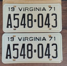 1971 Virginia License Plate Tag Pair #A548-043 **Edge Rust, Unused** picture