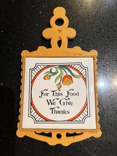 Cast Iron  & Ceramic Floral Trivet  “For This Food We Give Thanks”/Yellow picture