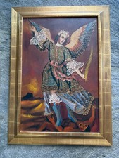 Vintage Archangel Michael Defeating Satan Painting Gold Textured Religious Frame picture