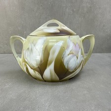 R.S. Germany Porcelain Buscuit Cracker Jar Lid Double Handle Tulip Antique VTG picture