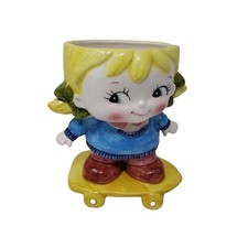 VINTAGE Patmar Ceramic Vase Planter Japan Skateboard Girl Blonde Blue 5 inch NOS picture