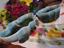 Hull Vtg Pottery Mcm Blue Grn PlanterS 602 447 USA 9” Guilted Ruffle Pair Use  picture
