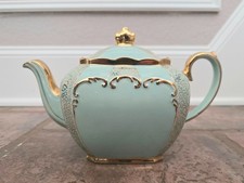 Antique Sadler Cube Teapot England 1948 w/ Tag, Mint Green w/Gold Embellishments picture