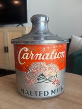 Vintage Carnation Malted Milk Metal Canister with Lid 1930s picture
