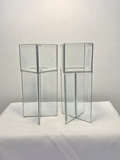 2 Vintage Clear Beveled Modernist Leaded Glass Art Geometric Candleholders picture