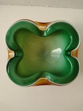 Vintage Alfredo Barbini Murano Glass Geode Ashtray Bowl Green Amber 1950s MCM picture