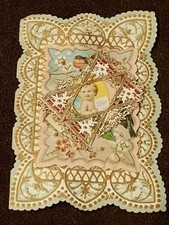 1910 Valentine's Day Card Vtg Delicate Paper Lace Forget Me Not Love Antique 3D picture