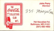 The Coca-Cola Collectors Club Int'l John Perry MD Vintage Business Card 5MM28-6 picture