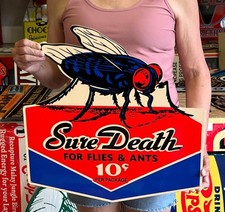 Antique Vintage Style Sign Sure Death Fly Trap NOT Porcelain Made USA 20x20 picture