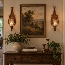 Vintage HOMCO #4226 Faux Rattan Wicker Teardrop Wall Candle Sconces Glass Pair picture