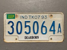 VINTAGE 1993 INDIANA LICENSE PLATE WHITE/BLUE 305064A TRUCK DEARBORN picture