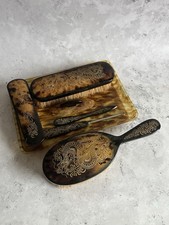 Vintage Early 20thC Faux Tortoiseshell 7 Piece Vanity Set Gold Dragon Engraved picture