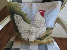 French Aubusson style Fabulous Needlepoint Pillow White Rooster Chicken NWOT #2 picture