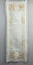 White Linen Floral Needlepoint Embroidery Table Runner With Lace Edge 13x36” picture