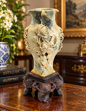 Large Heavy Vintage Chinese Hand Carved Soapstone Vase Floral Bird Sculpture picture