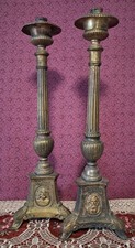 Antique Bronze Religious Candle Holders depicting the trinity. picture