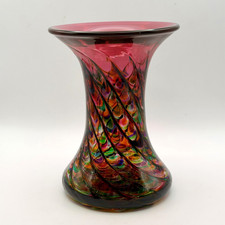 Michael Trimpol Art Glass Cranberry Optic Rib twist Rainbow Hourglass Vase 6.5