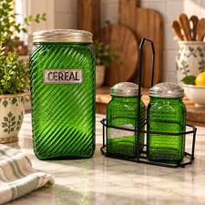 VTG 1930s Owens Illinois Green Depression Glass Cereal Jar Salt Pepper Shakers picture