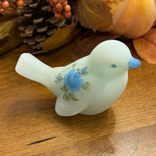 Fenton Handmade Milk Glass Blue Satin Rose Floral Bird Figurine ? Glower picture