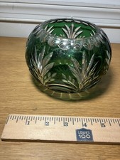 Vintage Bohemian Czech Green Cut to Clear Crystal Rose Bowl Vase picture