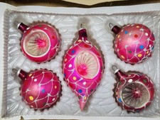 5 Vtg Mercury Glass Pink Mica Christmas Ornaments Columbia Tear Drop Indent picture