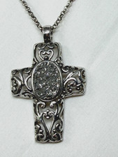 Lacy Openwork Silver tone Druzy Gemstone Cross Pendant 17