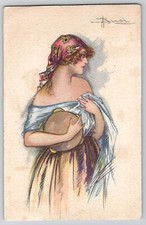 Bohemian Pretty Lady Woman Tambourine Adolfo Busi 497-3 Art Deco Postcard 1920's picture
