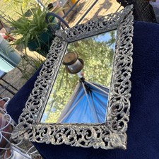 Vintage Pierced Gold Frame Easel Back Vanity Tray or Wall Mirror Large 16x11
