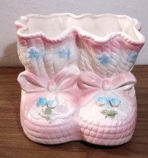 Vintage Pink Baby Booties Ceramic Planter Blue Flowers Nursery Kitsch Decor picture