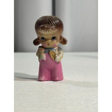Vintage Ceramic Girl Figurine Pink Overalls Pigtails Japan Mid Century S0086 picture