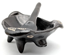Chilean Black Clay Pottery Pig Shaped Footed Sauce Bowl & Spoon picture