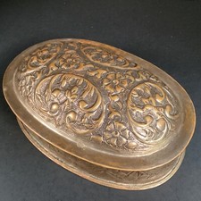 Vintage oval Ornate Scroll pressed embossed tin box picture