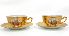 Vintage Fragonard Porcelain Gold Courting Couple Tea Cups & Saucers 2 Sets picture